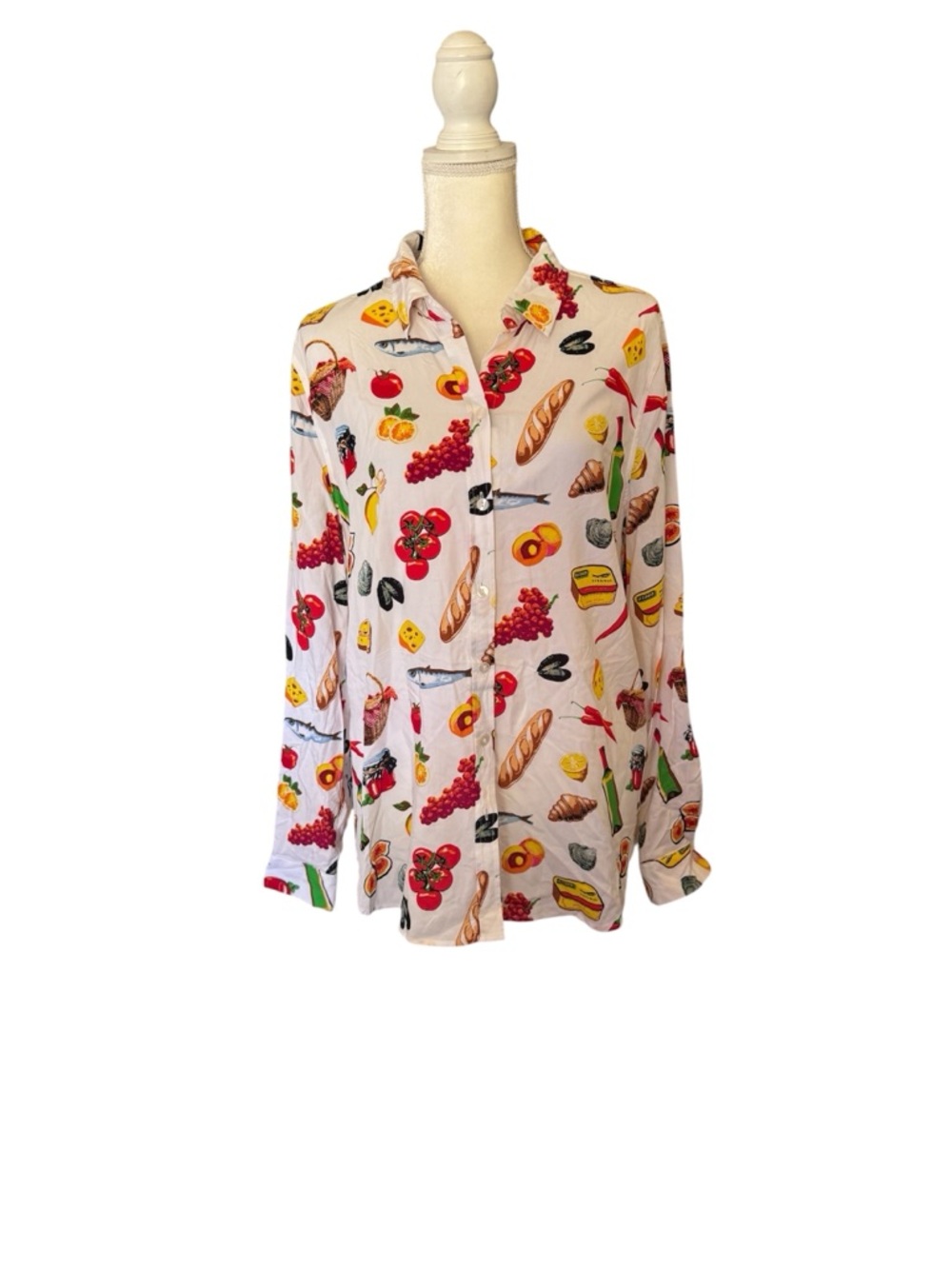 Jane and Delancey White Long-Sleeve Button-Up Shirt with Multicolor Food Print